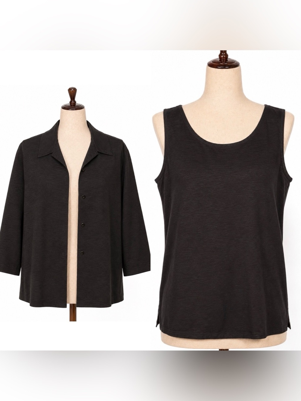 Eileen Fisher silk Classic dark grey Button-Front Jacket with Tank Layer- M